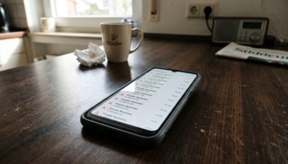 Smartphone auf Holztisch zeigt lange Liste verpasster Anrufe mit knappen Zeitabständen in einer Privatwohnung.