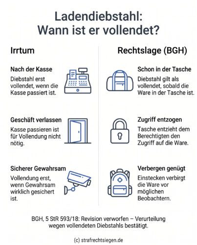 Infografik: Gegenüberstellung zur Vollendung eines Ladendiebstahls. Der BGH stellt klar, dass Diebstahl bereits beim Einstecken der Ware in eine mitgeführte Tasche vollendet ist, da der Täter so eigenen Gewahrsam begründet.