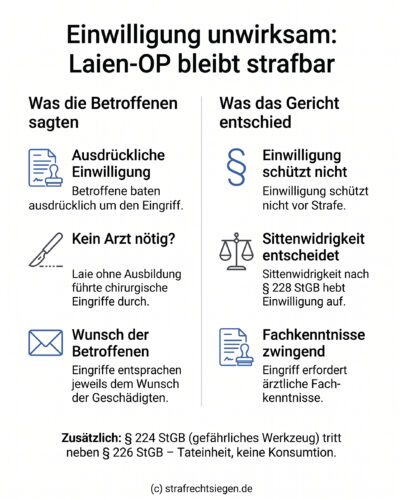 Infografik: Chirurgische Eingriffe durch medizinische Laien sind trotz Einwilligung der Betroffenen strafbar, da sie gemäß § 228 StGB sittenwidrig sind.