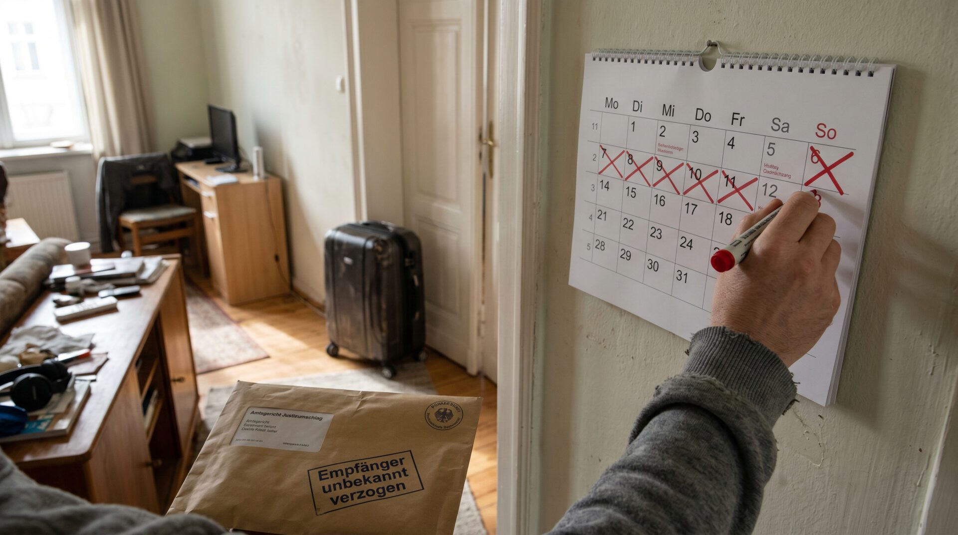 Hand streicht Datum auf Wandkalender durch, daneben ein amtlicher Brief mit Stempel „unbekannt verzogen“.