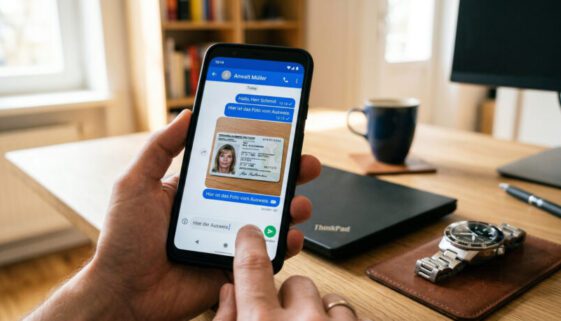 Smartphone-Display mit Messenger-Chat: Ein Foto eines Personalausweises wird gesendet, im Hintergrund eine Armbanduhr.