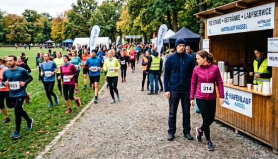 Mann und Frau stehen sich an einem Teestand im Freien gegenüber; im Hintergrund Sportler auf einer Wiese.