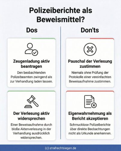 Infografik: Verteidigungsstrategie gegen die unzulässige Verlesung von Polizeiberichten in der Hauptverhandlung, unterteilt in empfohlene Handlungen wie die aktive Beantragung von Zeugenladungen und das Widersprechen der Aktenverlesung.