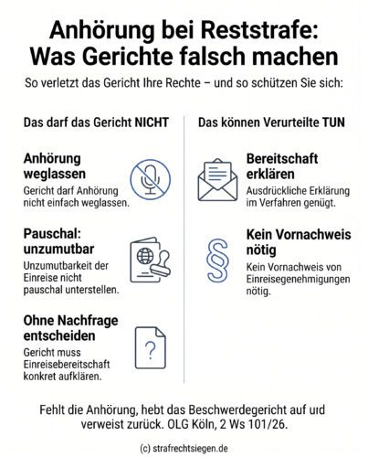 Infografik: Die zwingende mündliche Anhörung vor einer Reststrafenaussetzung und die Aufklärungspflicht des Gerichts bei Auslandsaufenthalt des Verurteilten.
