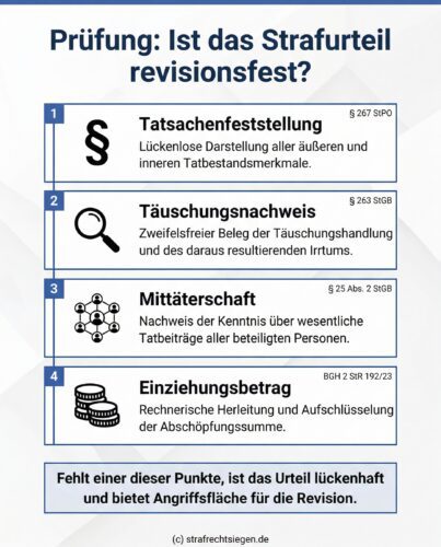 Infografik zur Revisionsprüfung: Checkliste der BGH-Anforderungen an Tatsachen, Täuschung, Mittäterschaft und Einziehung.