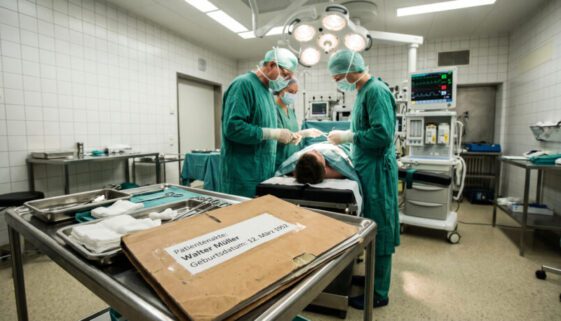 Chirurg am OP-Tisch bei jungem Patienten; im Vordergrund eine Patientenakte mit falschem Namen und Geburtsdatum.