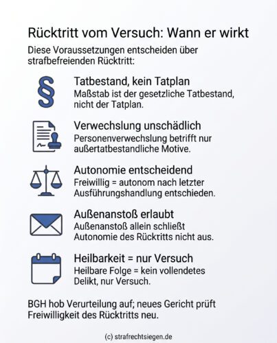 Infografik: Voraussetzungen für einen wirksamen Rücktritt vom Versuch nach § 24 Abs. 1 StGB, basierend auf dem gesetzlichen Tatbestand und der autonomen Entscheidung des Täters.