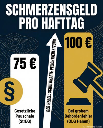 Infografik zum Schmerzensgeld pro Hafttag: Vergleich zwischen 75 Euro Basiswert und 100 Euro bei Behördenfehlern.