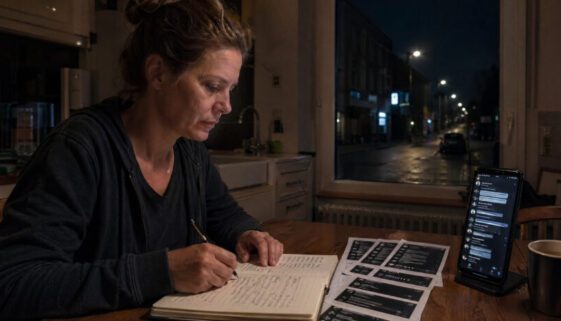 Frau schreibt nachts am Tisch mit Smartphone