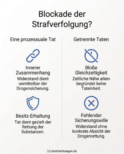 Infografik: Voraussetzungen für einen Strafklageverbrauch bei Drogenbesitz und Widerstand im Vergleich zwischen einer prozessualen Tat und getrennten Taten.