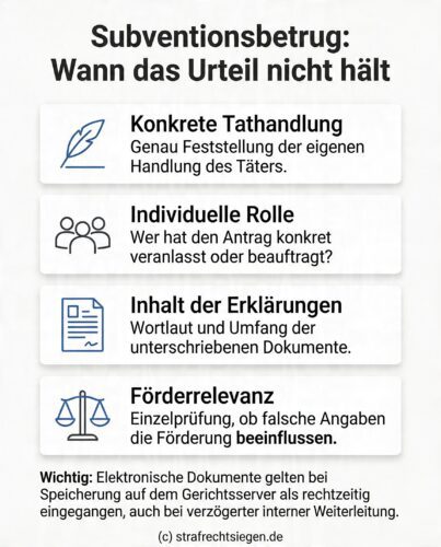 Infografik: Die strengen Anforderungen an die Urteilsgründe bei Subventionsbetrug sowie die Regelung zum rechtzeitigen elektronischen Fristeingang bei Gericht.