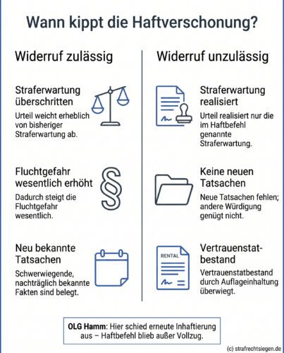 Infografik: Gegenüberstellung der Voraussetzungen für den Widerruf einer Haftverschonung nach einem erstinstanzlichen Urteil gemäß OLG Hamm.