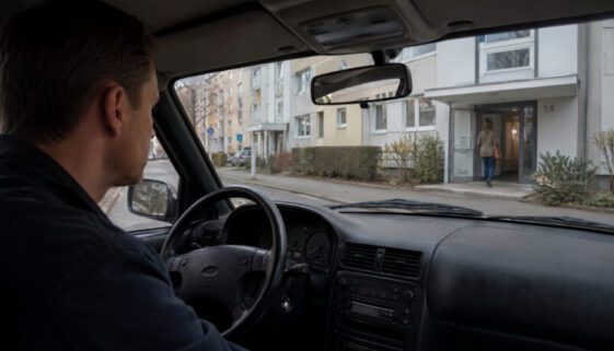 Mann beobachtet aus einem Auto heraus ein Wohnhaus; auf dem Beifahrersitz liegt ein Stapel handgeschriebener Briefe.