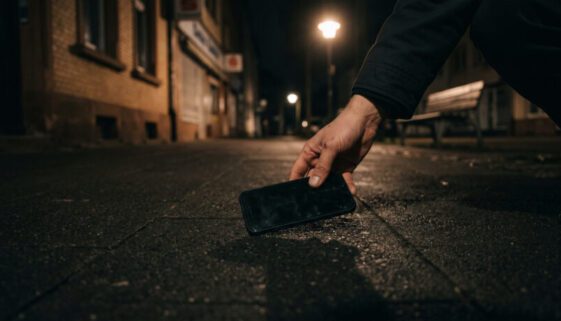 Eine Hand greift nachts auf einem leeren Gehweg nach einem verloren auf dem Boden liegenden Smartphone.