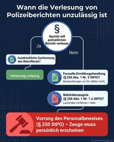 Entscheidungsbaum zur Unzulässigkeit der Verlesung von Polizeiberichten nach StPO. Fokus: Vorrang des Personalbeweises.