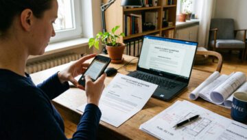 Smartphone fotografiert Brief mit Kanzlei-Logo auf Schreibtisch neben Laptop und Immobilien-Grundriss.