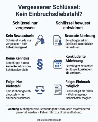 Infografik: Ein vergessener Schlüssel ist kein falscher Schlüssel im Sinne von § 244 StGB – erst die bewusste Entwidmung durch den Berechtigten begründet die Einbruchsqualifikation.