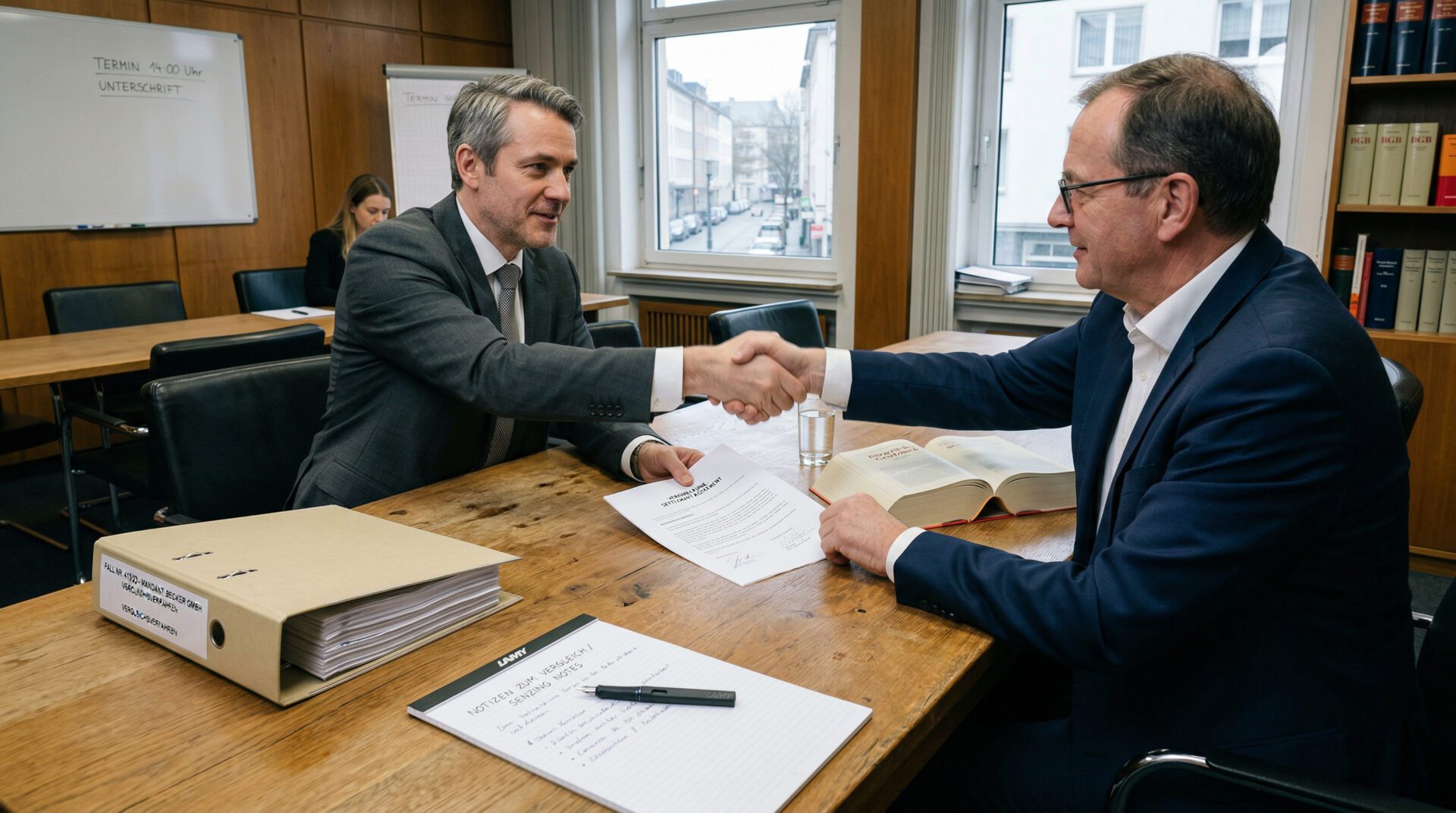 Ein Händedruck über einem unterschriebenen Dokument auf einem Holztisch mit Justizakten und Notizblock im Hintergrund.
