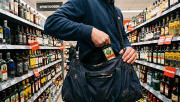 Hand schiebt eine Glasflasche in eine offene Sporttasche vor einem Supermarktregal mit Spirituosen.