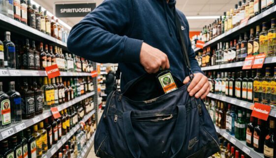 Hand schiebt eine Glasflasche in eine offene Sporttasche vor einem Supermarktregal mit Spirituosen.