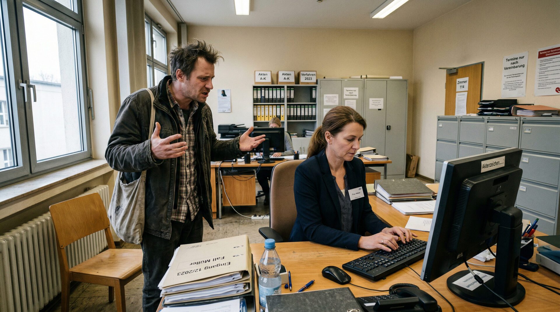 Ein Mann gestikuliert verzweifelt in einem deutschen Amt, während eine Justizmitarbeiterin unbeteiligt am Computer tippt.