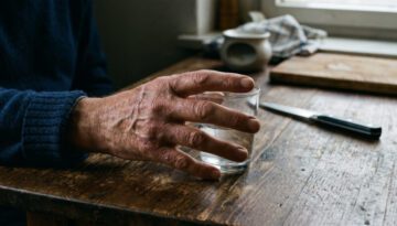 Vernarbte linke Hand auf Küchentisch versucht vergeblich ein Glas zu greifen; steife Finger, Messer im Hintergrund.