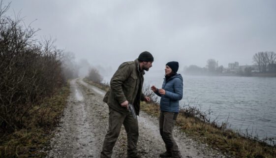 Mann bedroht Frau mit silbernem Revolver an einem nebligen, kargen Flussufer unter grauem Himmel.