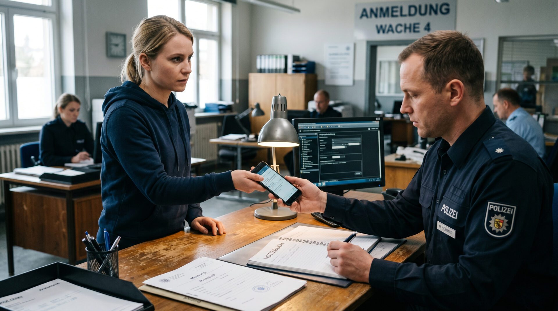 Eine Frau übergibt in einer deutschen Polizeiwache einem Beamten ihr Smartphone mit einem Beweisfoto zur IP-Sicherung.