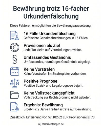 Infografik: Voraussetzungen für eine Bewährungsaussetzung bei gewerbsmäßiger Urkundenfälschung am Beispiel von 16 Fällen gefälschter Gehaltsabrechnungen.