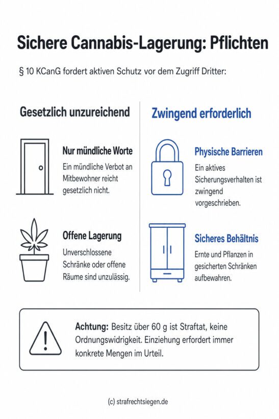 Infografik: Die gesetzliche Sicherungspflicht nach § 10 KCanG für Cannabis in der Wohnung erfordert zwingend physische Barrieren und verschlossene Behältnisse statt nur mündlicher Verbote.