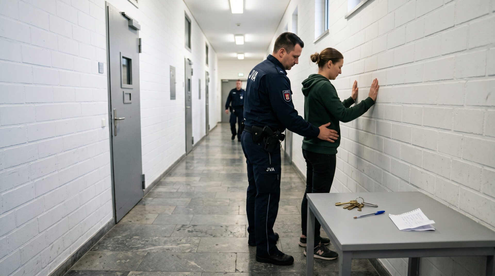 Ein JVA-Beamter tastet eine Person in Frauenkleidung in einem kargen Raum ab; auf einem Tisch liegen Stift und Schlüssel.