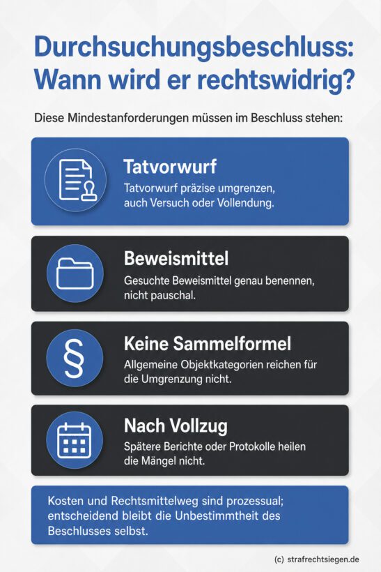 Infografik: Die Mindestanforderungen an einen Durchsuchungsbeschluss nach §§ 102, 105 StPO, wonach Tatvorwurf und Beweismittel präzise umgrenzt sein müssen und pauschale Kategorien zur Rechtswidrigkeit führen.