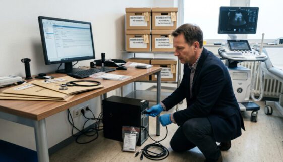 Ermittler mit blauen Handschuhen sichert Computerdaten in einem Behandlungsraum mit Patientenakten und Ultraschallgerät.