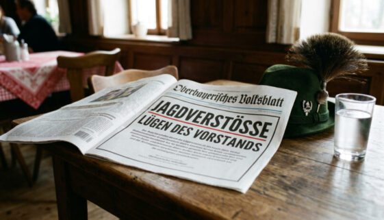 Lokalzeitung mit Schlagzeilen zu Jagdverstößen auf Holztisch neben Jägerhut und Wasserglas in einer Gaststube.