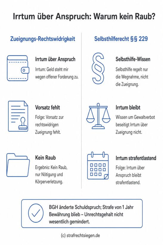 Infografik: Ein Irrtum über einen fälligen Anspruch schließt den Raubvorsatz aus, da die Zueignungsrechtswidrigkeit fehlt, selbst wenn das Selbsthilferecht die Wegnahmehandlung nicht rechtfertigt.
