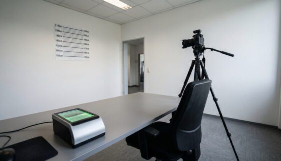 Leerer Stuhl vor einer Fotowand mit Größenskala und einem digitalen Fingerabdruck-Scanner in einer Polizeidienststelle.