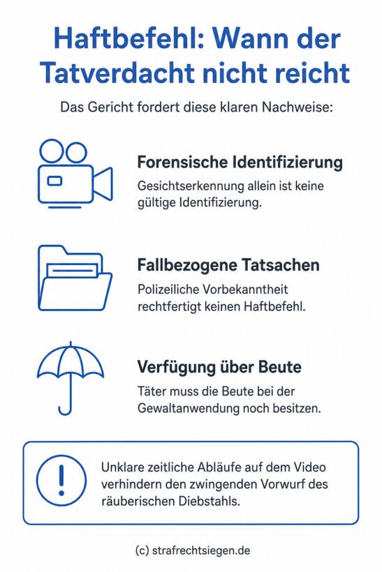 Infografik: Die Voraussetzungen für einen Haftbefehl bei räuberischem Diebstahl und warum Gesichtserkennung sowie polizeiliche Vorbekanntheit allein nicht für einen dringenden Tatverdacht ausreichen.