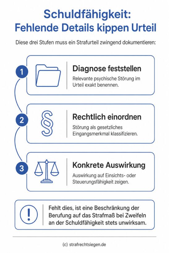 Infografik: Die drei notwendigen Prüfungsschritte eines Strafurteils zur Schuldfähigkeit gemäß §§ 20, 21 StGB zur Vermeidung einer Urteilsaufhebung.