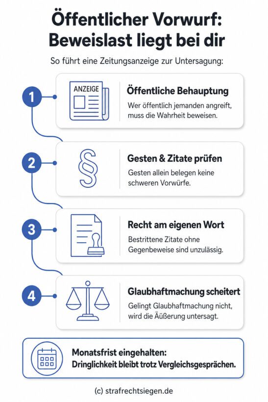 Infografik: Der Prozess der Beweislast bei öffentlichen Vorwürfen zeigt, dass der Äußernde die Wahrheit beweisen muss, ansonsten droht eine Untersagung per einstweiliger Verfügung.