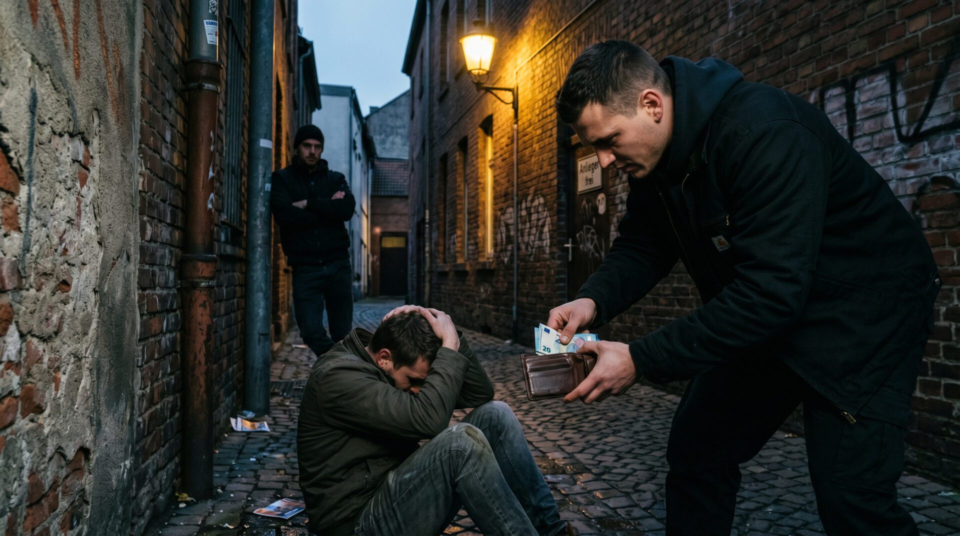 Ein Mann am Boden schützt sich, während ein Angreifer in einer dunklen Gasse Geld aus seinem Portemonnaie entnimmt.