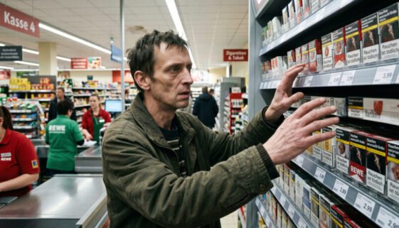 Zitternde Hände eines blassen Mannes greifen hastig nach Zigarettenschachteln in einem Supermarktregal.