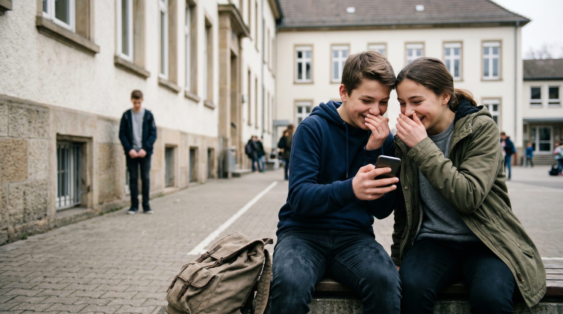 Zwei Jugendliche lachend mit Smartphone auf einem Schulhof, während ein Mitschüler im Hintergrund isoliert an der Wand steht.