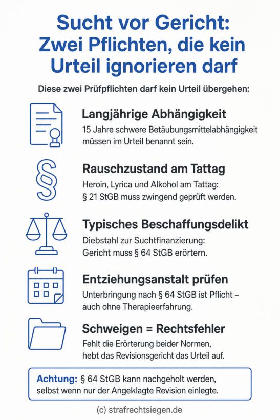 Infografik: Bei langjähriger Betäubungsmittelabhängigkeit und Beschaffungsdelikt muss das Gericht zwingend die verminderte Schuldfähigkeit (§ 21 StGB) und die Unterbringung in einer Entziehungsanstalt (§ 64 StGB) prüfen; Schweigen führt zur Aufhebung des Urteils.