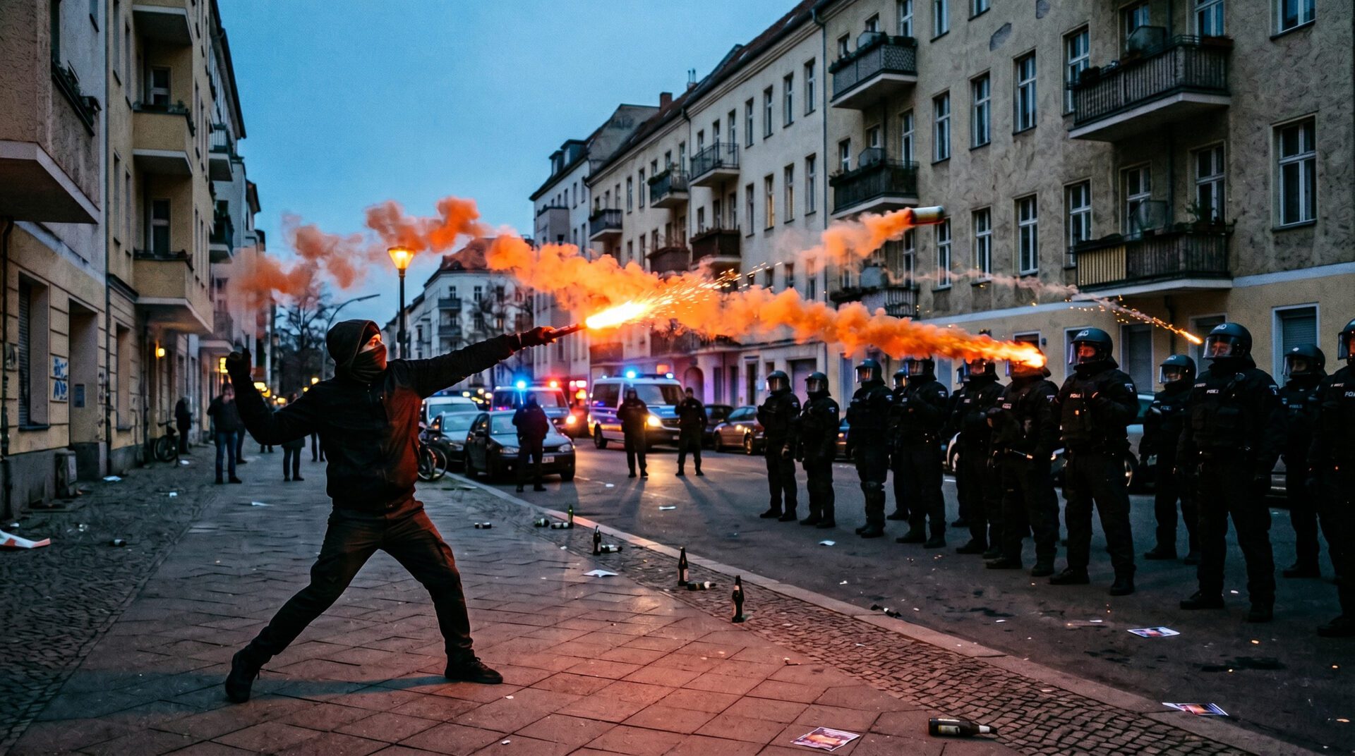 Brennende Signalfackel fliegt auf Polizisten in Schutzausrüstung zu, Funkenflug und Rauch auf einer Straße bei Dämmerung.