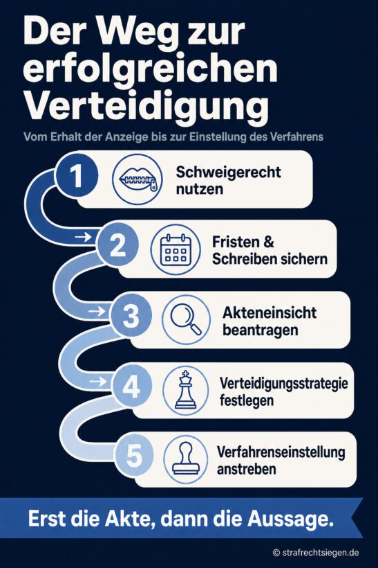 Infografik: Der prozessuale Ablauf der Strafverteidigung vom Schweigerecht bis zur Verfahrenseinstellung.