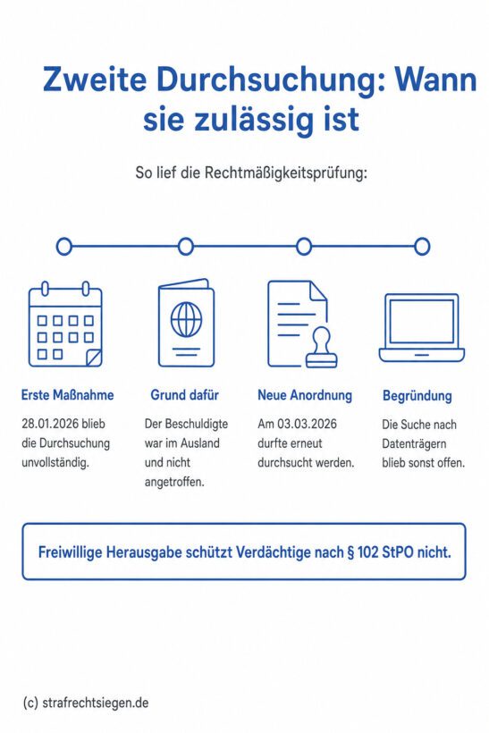 Infografik: Zweite Durchsuchung nach § 102 StPO – Zeitstrahl mit vier Stationen: unvollständige erste Maßnahme, Abwesenheit des Beschuldigten, erneute Anordnung und Begründung, sowie Hinweis, dass freiwillige Herausgabe Verdächtige nicht schützt.