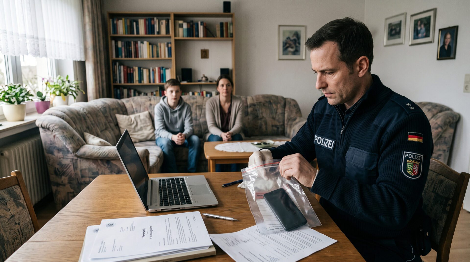 Ein Polizeibeamter sichert ein Smartphone in einem Beweismittelbeutel auf einem Wohnzimmertisch während einer Durchsuchung.