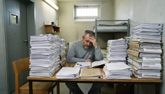 Ein Mann in einer kargen Gefängniszelle sitzt vor massiven Papierstapeln an einem Holztisch.