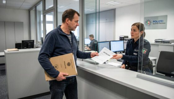 Mann am Polizeischalter reicht Beamten ein Dokument, während er einen gerichtlichen Vergleich unter dem Arm trägt.