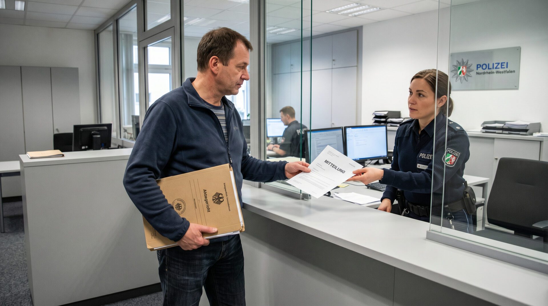 Mann am Polizeischalter reicht Beamten ein Dokument, während er einen gerichtlichen Vergleich unter dem Arm trägt.
